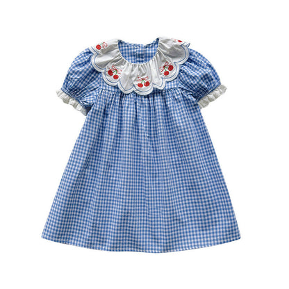 Summer Arrival Baby Girls Short Sleeves Cherry and Plaid Pattern Dress
