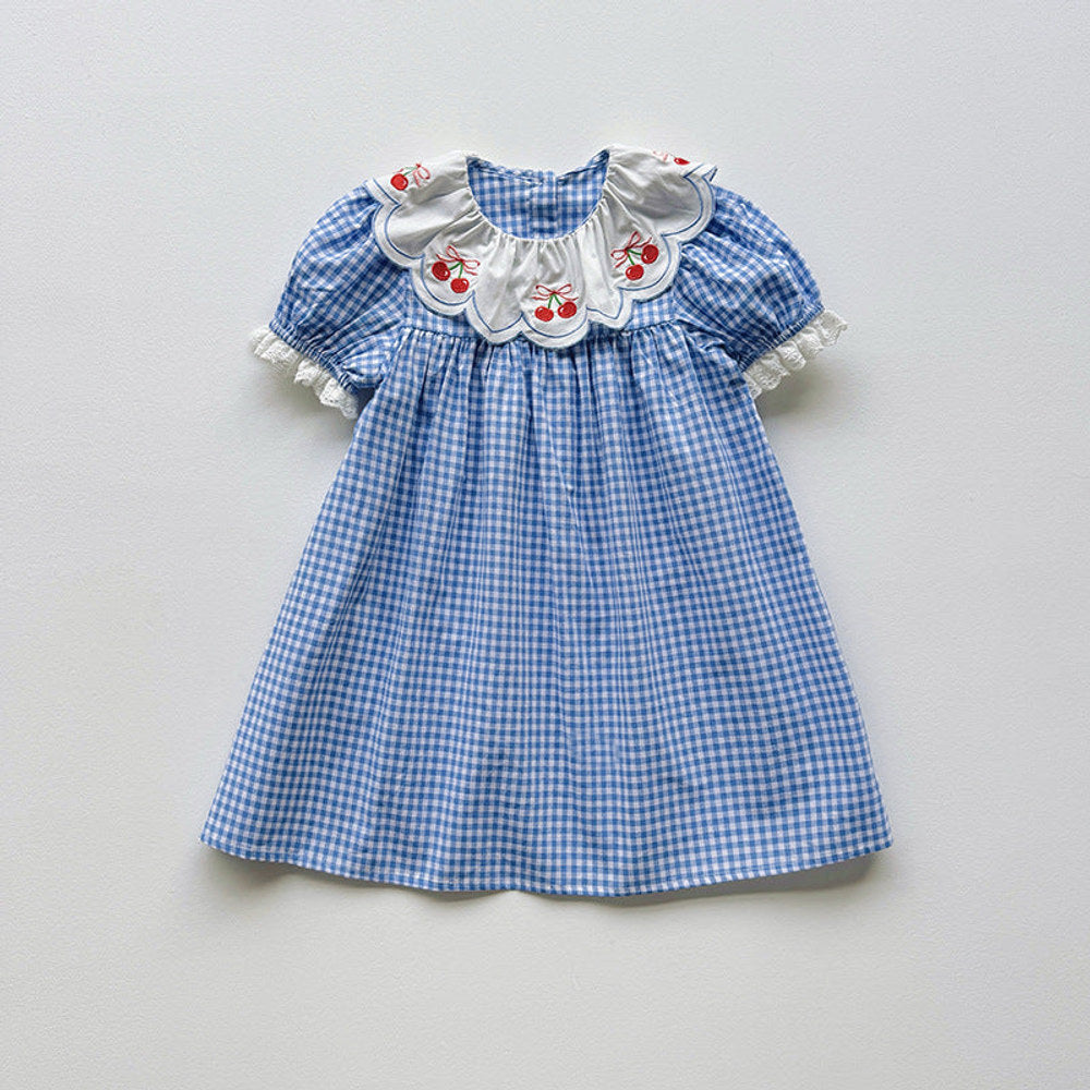 Summer Arrival Baby Girls Short Sleeves Cherry and Plaid Pattern Dress