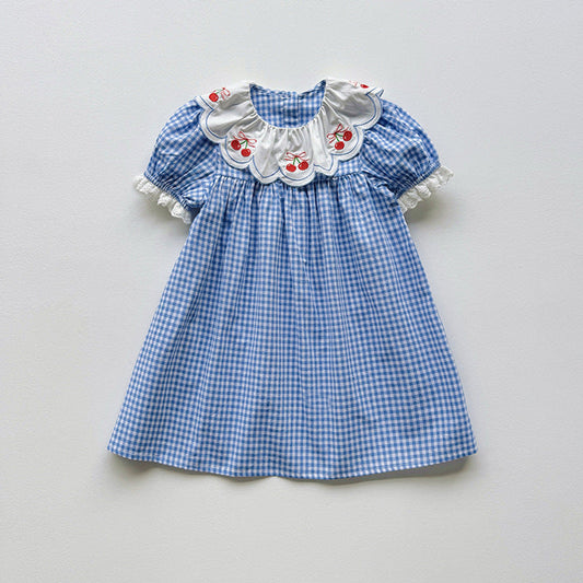 MyKids-USA® Baby Girls Short Sleeves Cherry and Plaid Pattern Dress