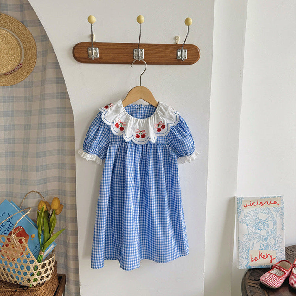 Summer Arrival Baby Girls Short Sleeves Cherry and Plaid Pattern Dress