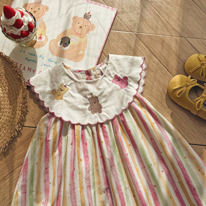 MyKids-USA® Baby Girls Sleeveless Teddy and Striped Pattern Dress