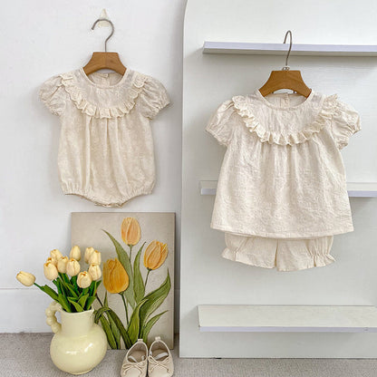 MyKids-USA® Flowers Pattern Embroidered Baby Kids Girls Onesies and Clothing Sets – Princess Sister Matching Set