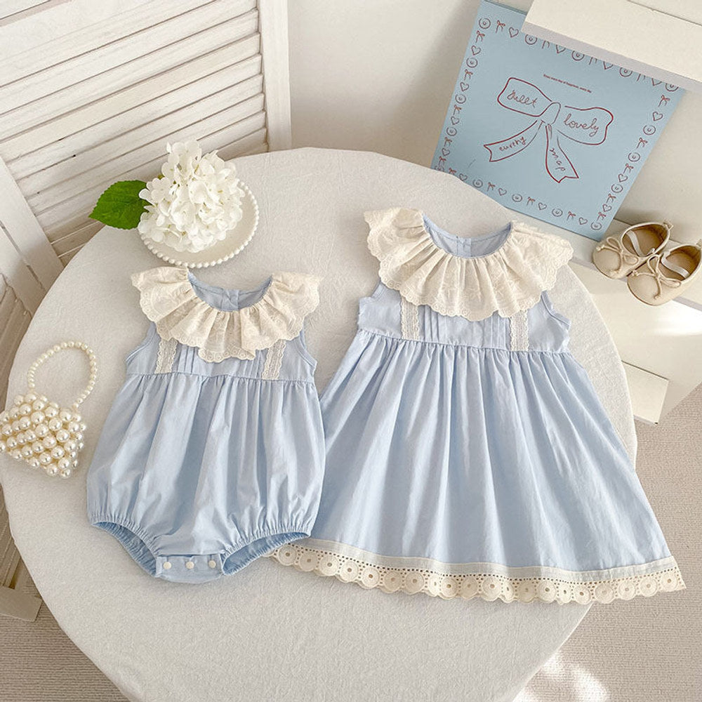 MyKids-USA® Girls Flowers Pattern Lace Trim Onesies and Dress – Princess Sister Matching Set
