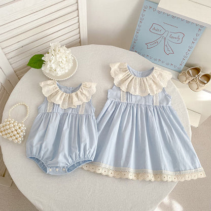 MyKids-USA® Girls Flowers Pattern Lace Trim Onesies and Dress – Princess Sister Matching Set