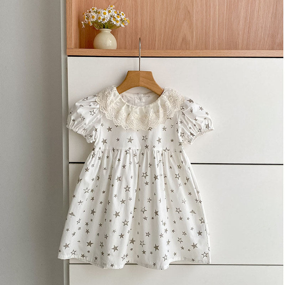 MyKids-USA® Girls Stars Pattern Flowers Embroidered Collar Onesies and Dress – Princess Sister Matching Set