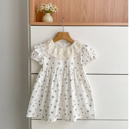 MyKids-USA® Girls Stars Pattern Flowers Embroidered Collar Onesies and Dress – Princess Sister Matching Set