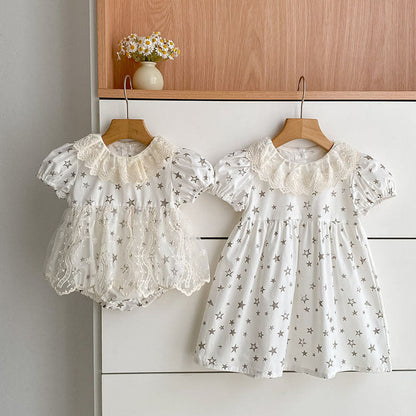 MyKids-USA® Girls Stars Pattern Flowers Embroidered Collar Onesies and Dress – Princess Sister Matching Set