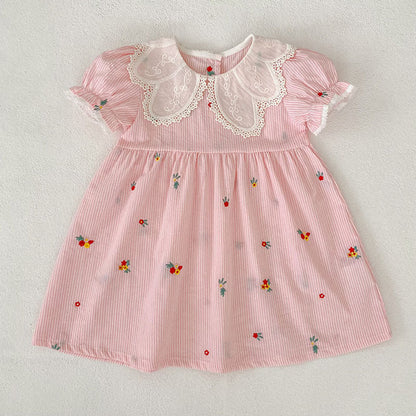 MyKids-USA® Girls Flowers Pattern Embroidered Short Sleeves Onesies and Dress – Princess Sister Matching Set