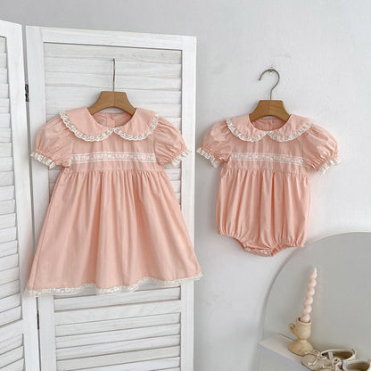 MyKids-USA® Girls Flowers Pattern Embroidered Lace Trim Onesies and Dress – Princess Sister Matching Set