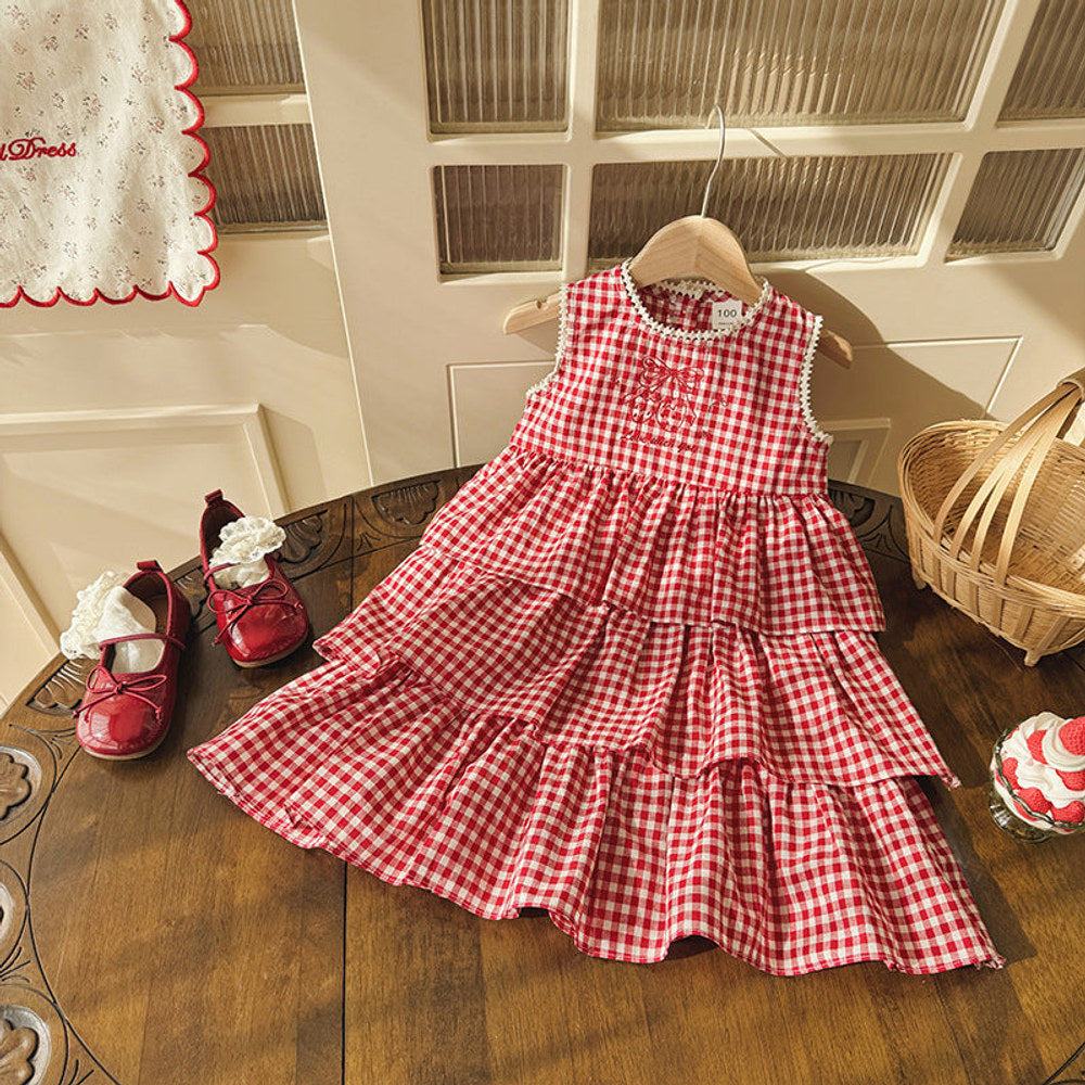MyKids-USA® Baby Girls Sleeveless Plaid Pattern Lace Trim Dress