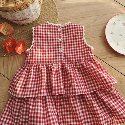 MyKids-USA® Baby Girls Sleeveless Plaid Pattern Lace Trim Dress
