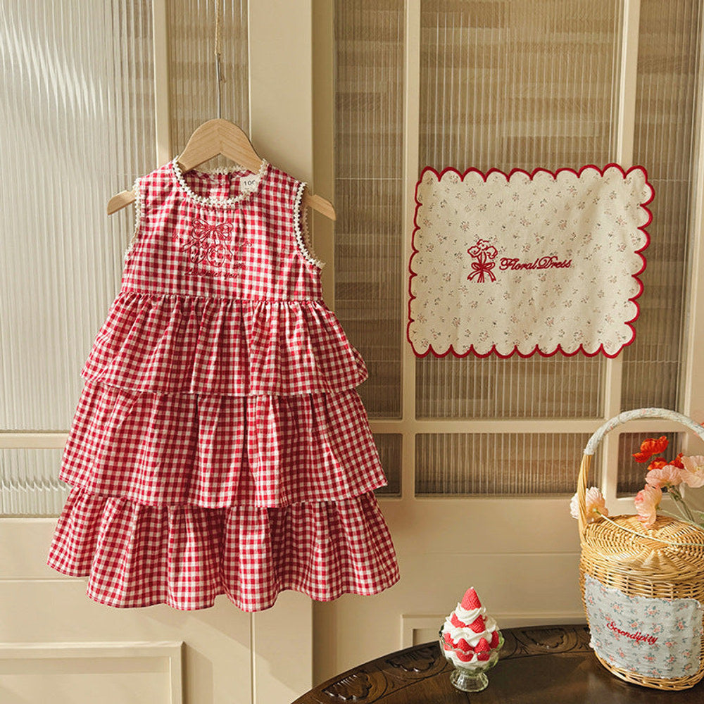 MyKids-USA® Baby Girls Sleeveless Plaid Pattern Lace Trim Dress