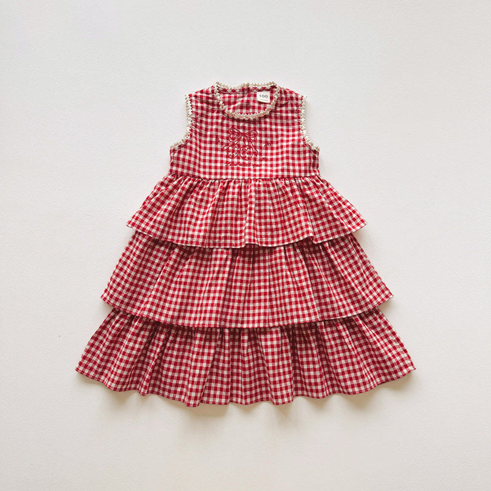 MyKids-USA® Baby Girls Sleeveless Plaid Pattern Lace Trim Dress