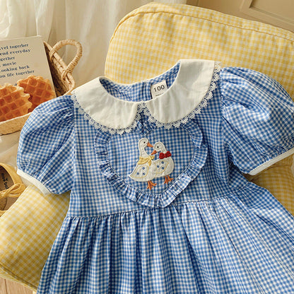 MyKids-USA® Baby Girls Short Sleeves Plaid and Animals Pattern Dress