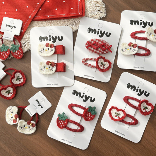 MyKids-USA® Collection of 2 Cute Cartoon and Fruits Pattern Hair Clips or Hair Ties