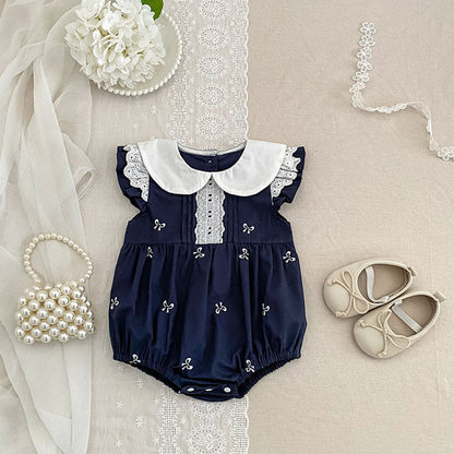 MyKids-USA® Girls Simple Embroidered Pattern Peter Pan Collar Onesies and Dress – Princess Sister Matching Set