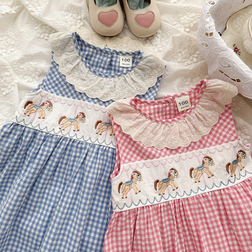 MyKids-USA® Baby Girls Sleeveless Plaid and Animals Cartoon Pattern Dress