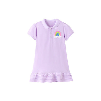 MyKids-USA® Rainbow Pattern Turn-down Collar Short Sleeves Dress for Stylish Girls