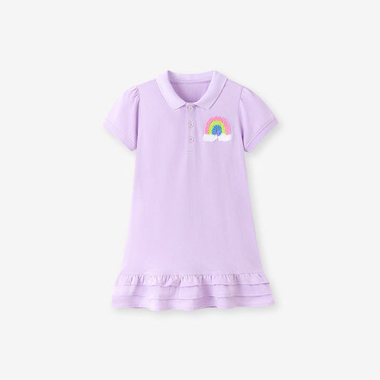 MyKids-USA® Rainbow Pattern Turn-down Collar Short Sleeves Dress for Stylish Girls