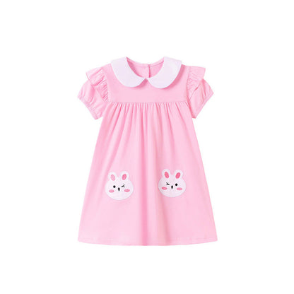 MyKids-USA® Rabbit Pattern Peter Pan Collar Short Sleeves Dress for Stylish Girls