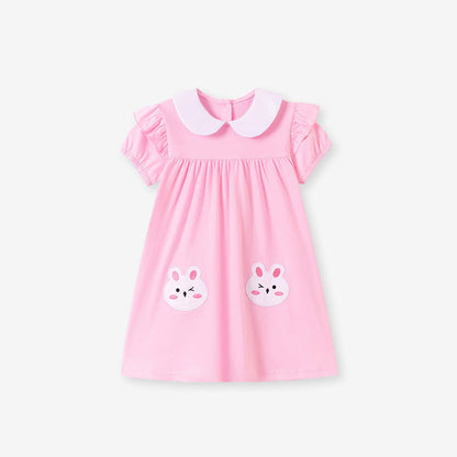 MyKids-USA® Rabbit Pattern Peter Pan Collar Short Sleeves Dress for Stylish Girls