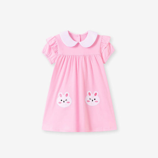 MyKids-USA® Rabbit Pattern Peter Pan Collar Short Sleeves Dress for Stylish Girls
