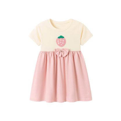 MyKids-USA® Strawberry Pattern Color Patchwork Short Sleeves Dress for Stylish Girls