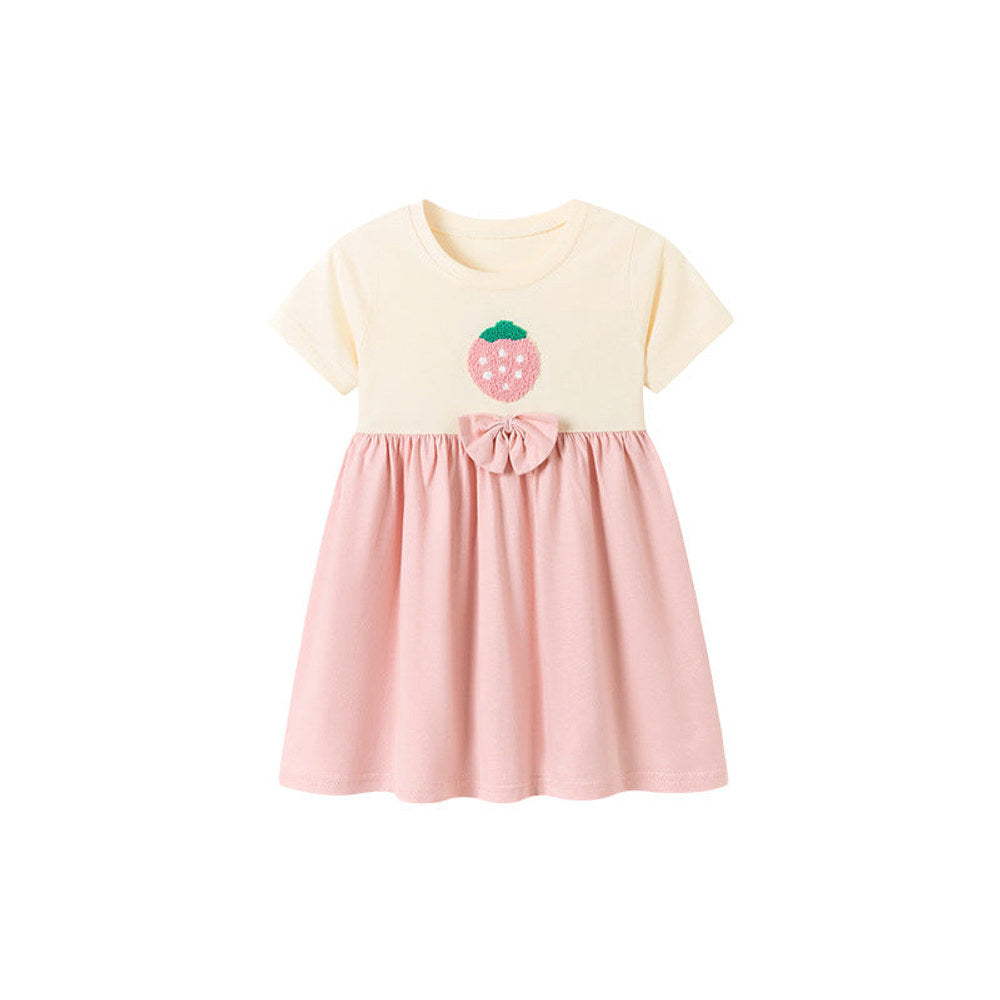 MyKids-USA® Strawberry Pattern Color Patchwork Short Sleeves Dress for Stylish Girls