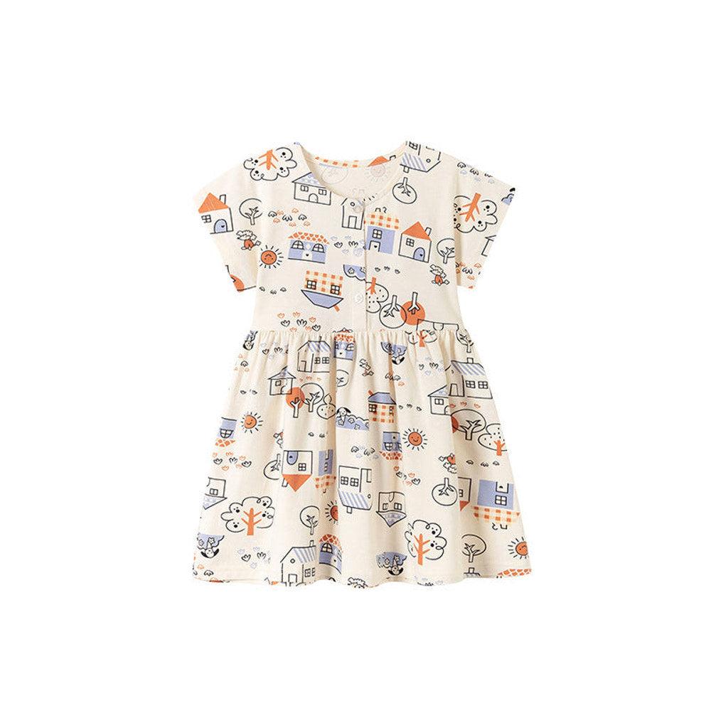 MyKids-USA® Cartoon Pattern Crew Neck Short Sleeves Dress for Stylish Girls