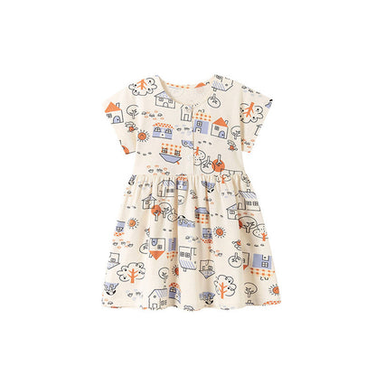 MyKids-USA® Cartoon Pattern Crew Neck Short Sleeves Dress for Stylish Girls