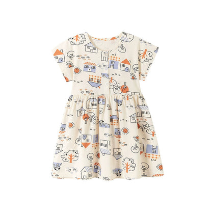 MyKids-USA® Cartoon Pattern Crew Neck Short Sleeves Dress for Stylish Girls