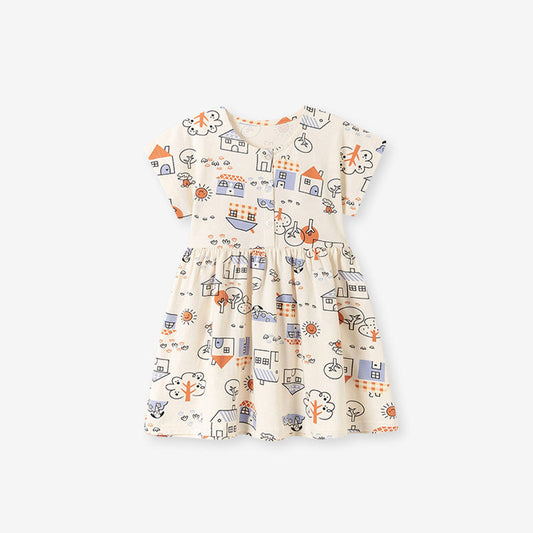 MyKids-USA® Cartoon Pattern Crew Neck Short Sleeves Dress for Stylish Girls