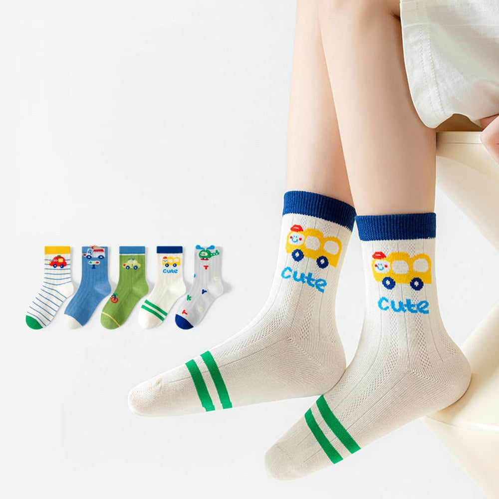 MyKids-USA® Kids Boys Breathable Cute Cartoon and Striped Pattern Socks 5-Pair Set