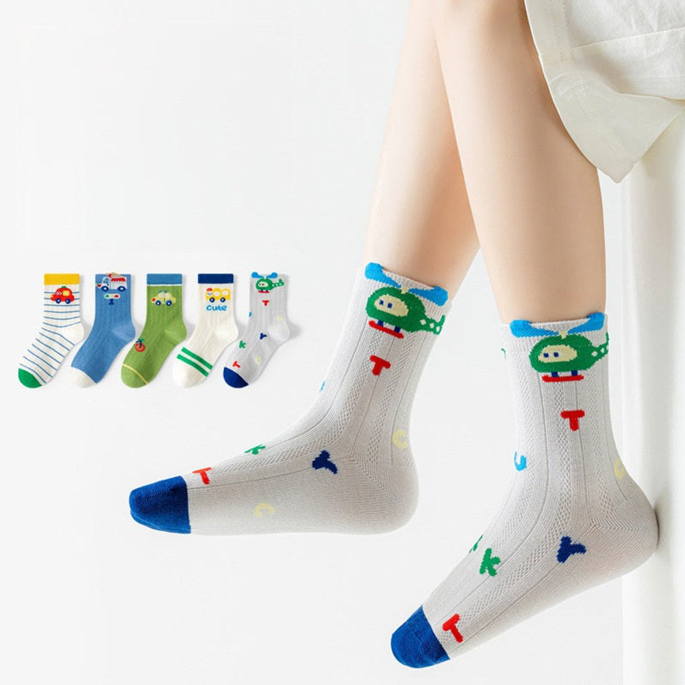 MyKids-USA® Kids Boys Breathable Cute Cartoon and Striped Pattern Socks 5-Pair Set
