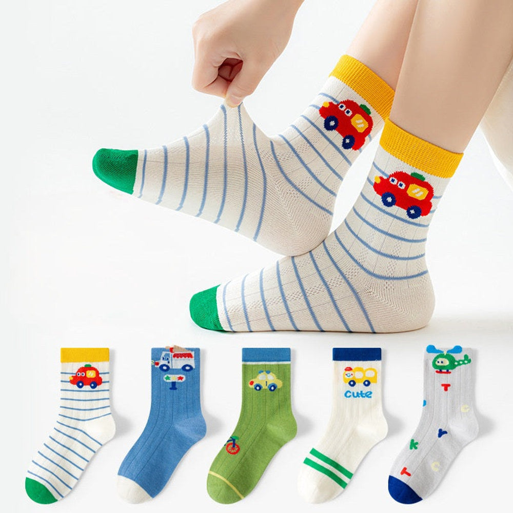 MyKids-USA® Kids Boys Breathable Cute Cartoon and Striped Pattern Socks 5-Pair Set