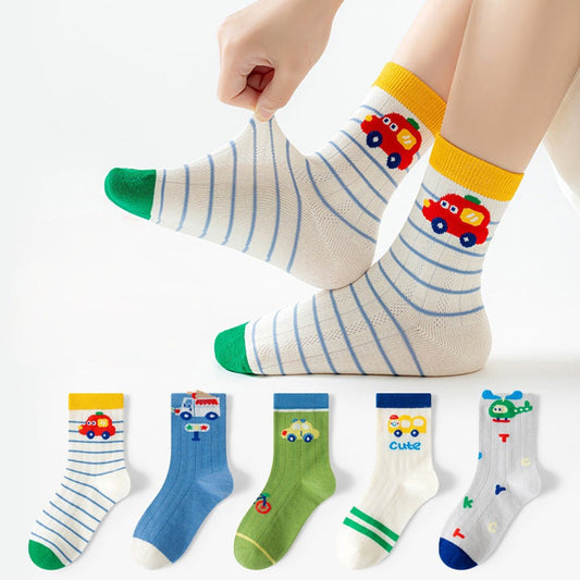 MyKids-USA® Kids Boys Breathable Cute Cartoon and Striped Pattern Socks 5-Pair Set