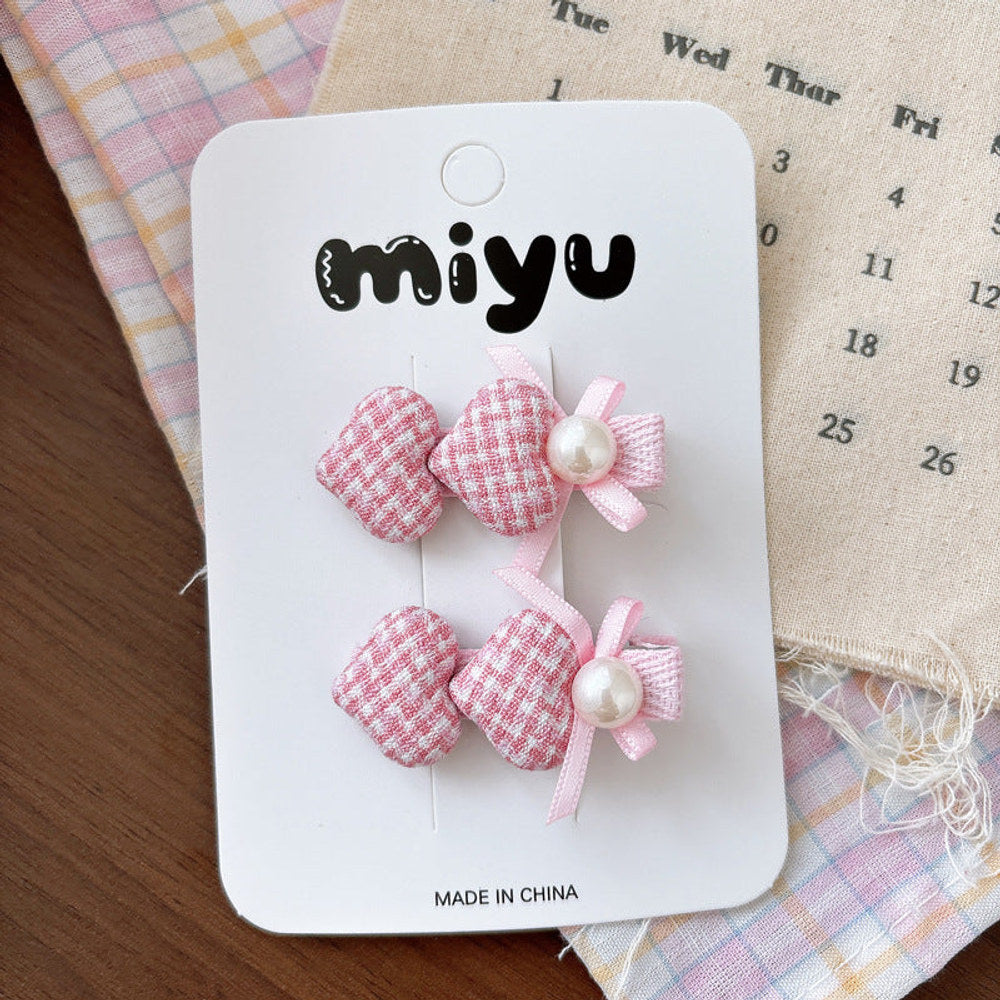 MyKids-USA® Collection of 2 Cute Plaid Heart Pattern Hair Ties and Hair Clips