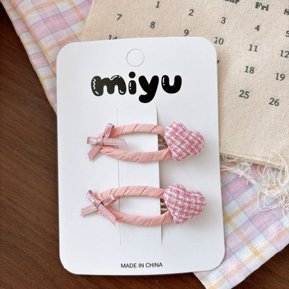 MyKids-USA® Collection of 2 Cute Plaid Heart Pattern Hair Ties and Hair Clips