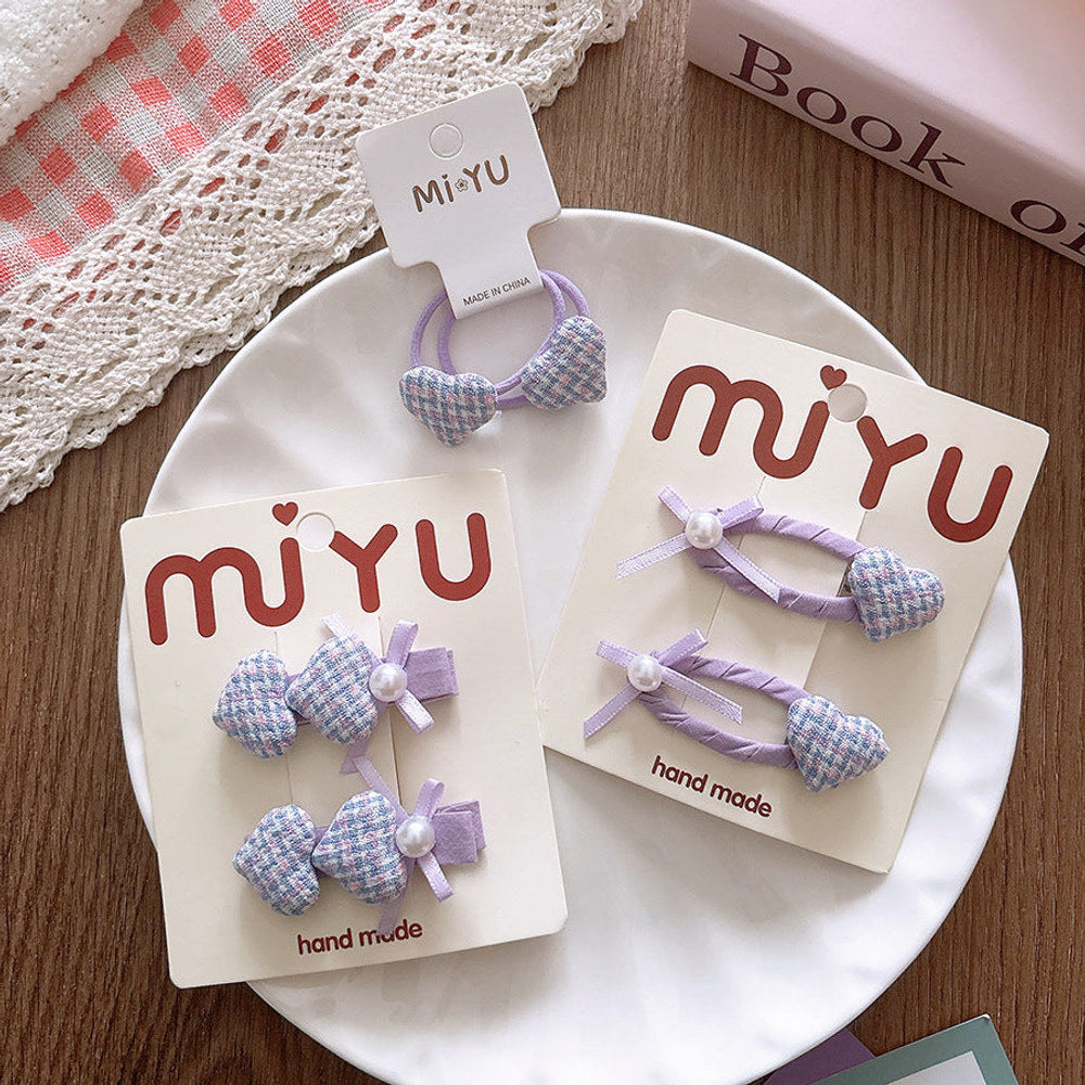 MyKids-USA® Collection of 2 Cute Plaid Heart Pattern Hair Ties and Hair Clips