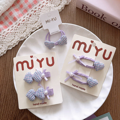 MyKids-USA® Collection of 2 Cute Plaid Heart Pattern Hair Ties and Hair Clips