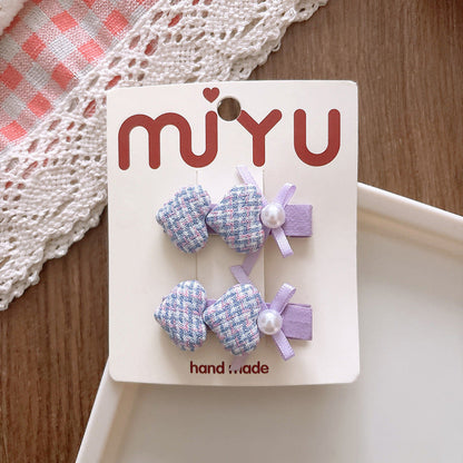 MyKids-USA® Collection of 2 Cute Plaid Heart Pattern Hair Ties and Hair Clips