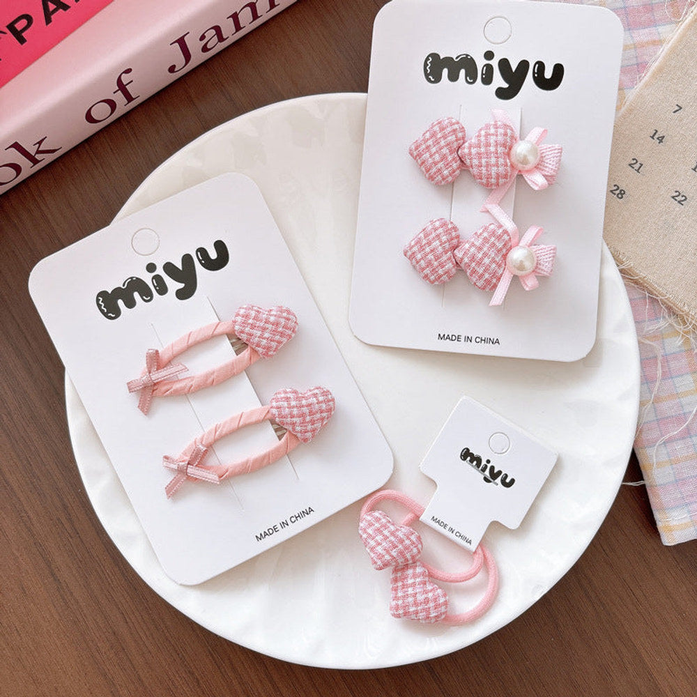 MyKids-USA® Collection of 2 Cute Plaid Heart Pattern Hair Ties and Hair Clips