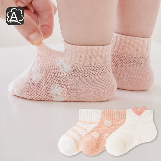MyKids-USA® Baby Kids Boys and Girls Breathable Cute Flowers and Striped Pattern Socks 3-Pair Set