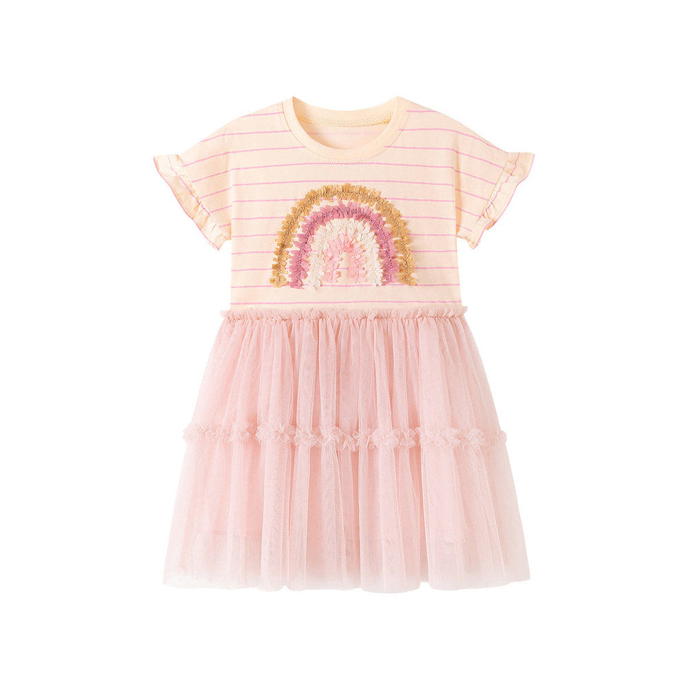 MyKids-USA® Rainbow and Striped Pattern Short Sleeves Dress for Stylish Girls