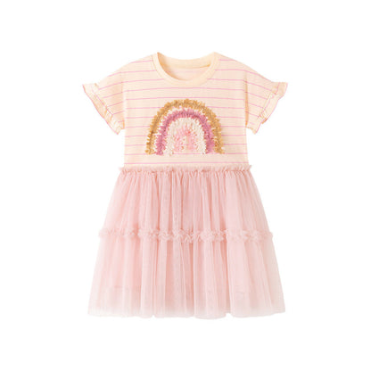 MyKids-USA® Rainbow and Striped Pattern Short Sleeves Dress for Stylish Girls