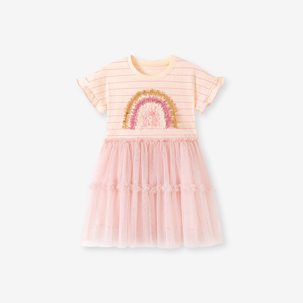 MyKids-USA® Rainbow and Striped Pattern Short Sleeves Dress for Stylish Girls