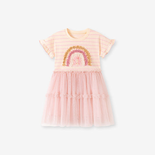 MyKids-USA® Rainbow and Striped Pattern Short Sleeves Dress for Stylish Girls