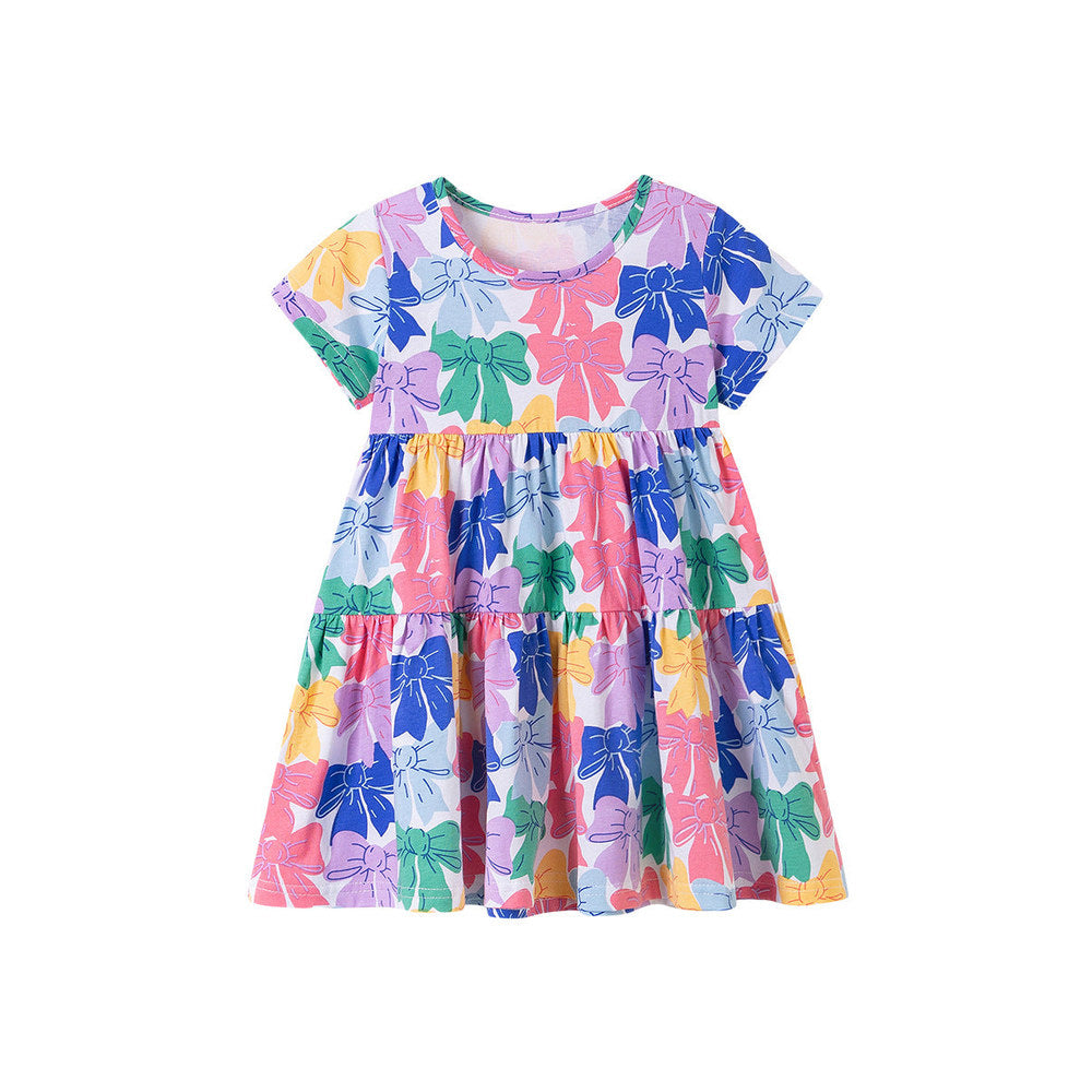 MyKids-USA® Colorful Butterfly-bows Pattern Short Sleeves Dress for Stylish Girls