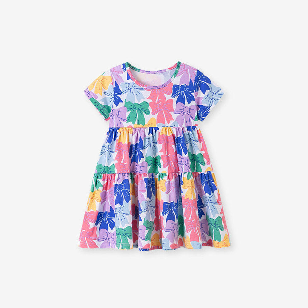 MyKids-USA® Colorful Butterfly-bows Pattern Short Sleeves Dress for Stylish Girls