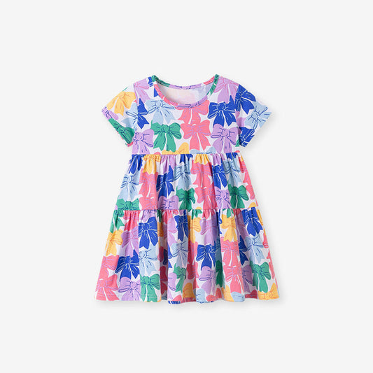 MyKids-USA® Colorful Butterfly-bows Pattern Short Sleeves Dress for Stylish Girls